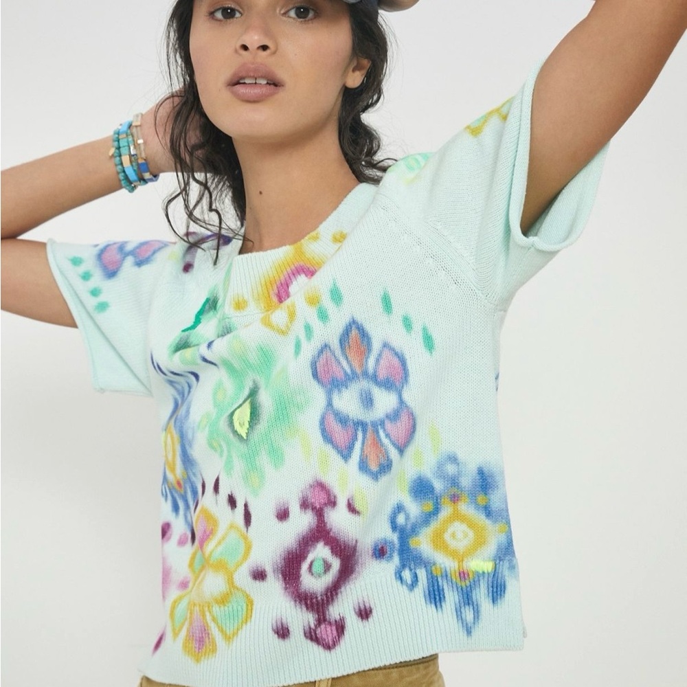 Anthropologie Mint Multicolor Floral Ikat Short Sleeve Top
